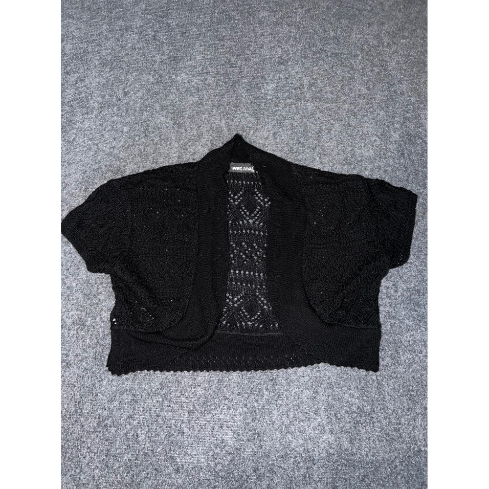 Wet Seal Black Short Sleeve Pointelle Knit Shrug Bolero Cardigan Size 4